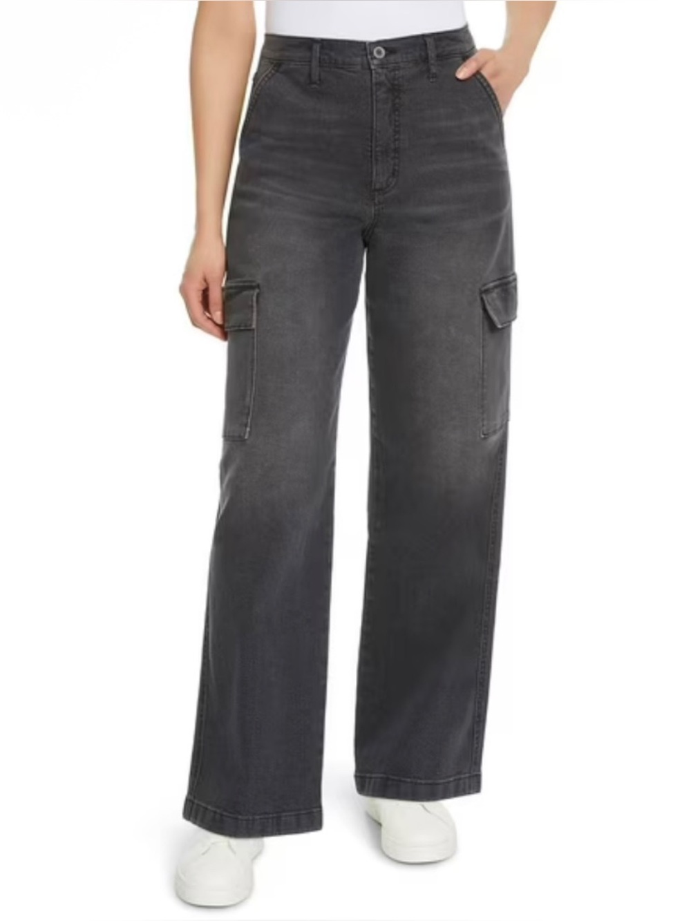 Jessica Simpson High Rise Baggy Wide Leg Cargo Jeans Gray Wash